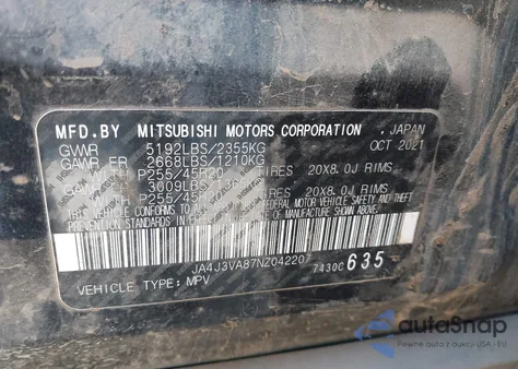 2022 Mitsubishi Outlander Sel 2.5 2Wd z USA, uszkodzony, nr VIN JA4J3VA87NZ042207